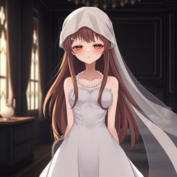 A slender young anime style woman with long flowing hazel hair, golden eyes, and bright red lips, wearing a foot-length white gown with pearls accenting her hair beautifully