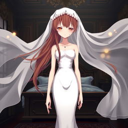 A slender young anime style woman with long flowing hazel hair, golden eyes, and bright red lips, wearing a foot-length white gown with pearls accenting her hair beautifully