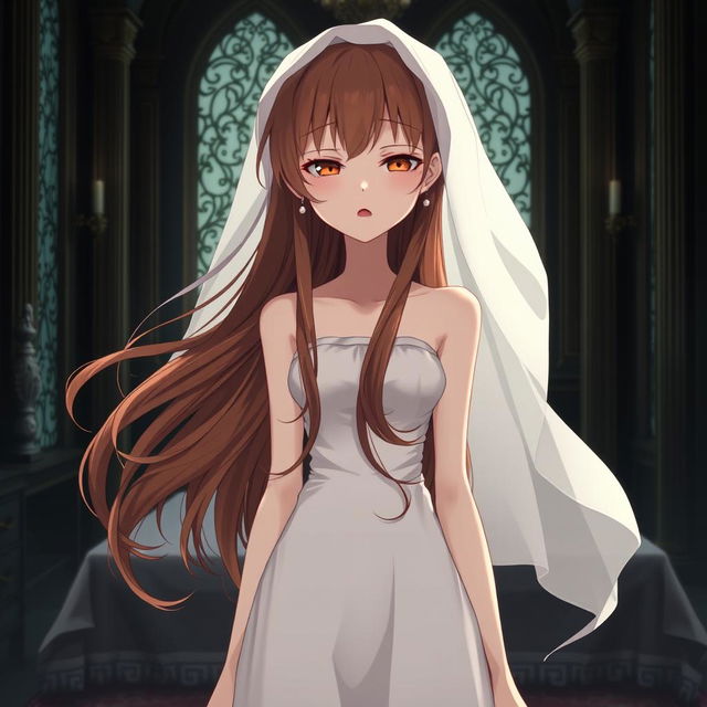 A slender young anime style woman with long flowing hazel hair, golden eyes, and bright red lips, wearing a foot-length white gown with pearls accenting her hair beautifully