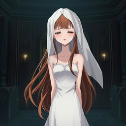 A slender young anime style woman with long flowing hazel hair, golden eyes, and bright red lips, wearing a foot-length white gown with pearls accenting her hair beautifully