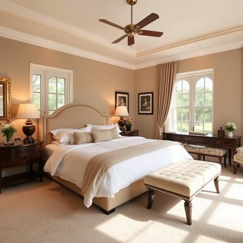 A beautifully designed master bedroom with a king-sized bed, elegant furniture, and soft lighting