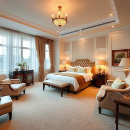 A beautifully designed master bedroom with a king-sized bed, elegant furniture, and soft lighting