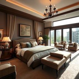 A beautifully designed master bedroom with a king-sized bed, elegant furniture, and soft lighting