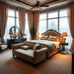 A beautifully designed master bedroom with a king-sized bed, elegant furniture, and soft lighting