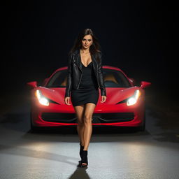 A woman, dressed in a short black dress and a black leather jacket, with black hair, walking on a dark road