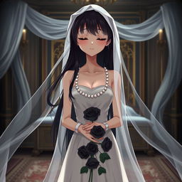 A slender young anime style woman with long flowing black hair, golden eyes, and bright red lips, wearing a foot-length white gown with pearls floating in her hair beautifully