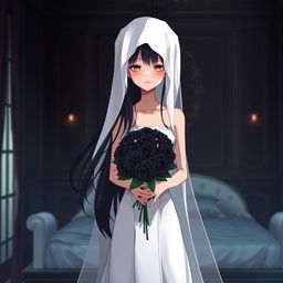 A slender young anime style woman with long flowing black hair, golden eyes, and bright red lips, wearing a foot-length white gown with pearls floating in her hair beautifully