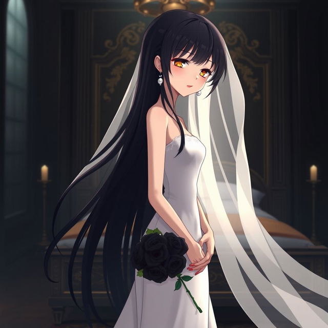 A slender young anime style woman with long flowing black hair, golden eyes, and bright red lips, wearing a foot-length white gown with pearls floating in her hair beautifully