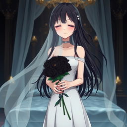 A slender young anime style woman with long flowing black hair, golden eyes, and bright red lips, wearing a foot-length white gown with pearls floating in her hair beautifully