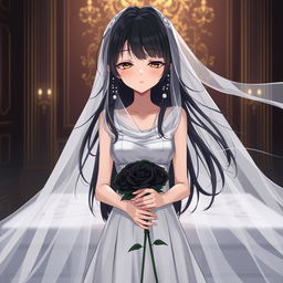 A slender young anime style woman with long flowing black hair, golden eyes, and bright red lips, wearing a foot-length white gown with pearls floating in her hair beautifully