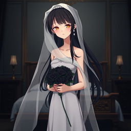 A slender young anime style woman with long flowing black hair, golden eyes, and bright red lips, wearing a foot-length white gown with pearls floating in her hair beautifully