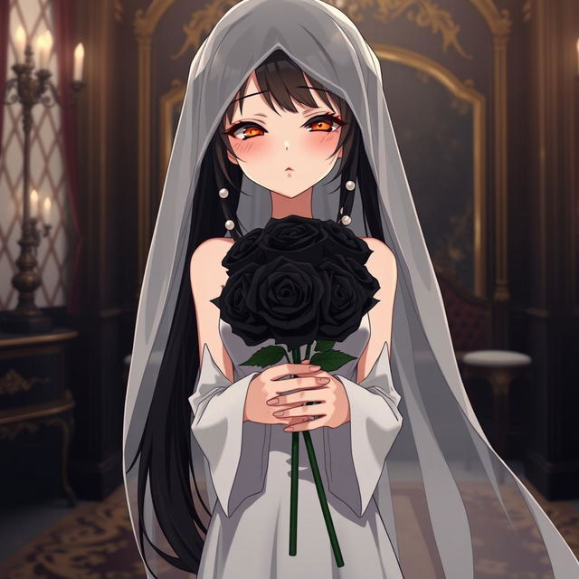 A slender young anime style woman with long flowing black hair, golden eyes, and bright red lips, wearing a foot-length white gown with pearls floating in her hair beautifully