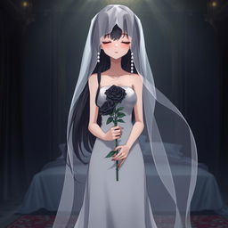 A slender young anime style woman with long flowing black hair, golden eyes, and bright red lips, wearing a foot-length white gown with pearls floating in her hair beautifully