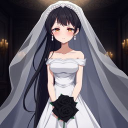 A slender tall young anime style woman with long flowing black hair, golden eyes, and bright red lips, wearing a foot-length white ball gown with an off-shoulder design and pearls floating in her hair beautifully