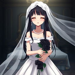 A slender tall young anime style woman with long flowing black hair, golden eyes, and bright red lips, wearing a foot-length white ball gown with an off-shoulder design and pearls floating in her hair beautifully