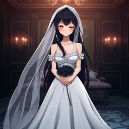 A slender tall young anime style woman with long flowing black hair, golden eyes, and bright red lips, wearing a foot-length white ball gown with an off-shoulder design and pearls floating in her hair beautifully