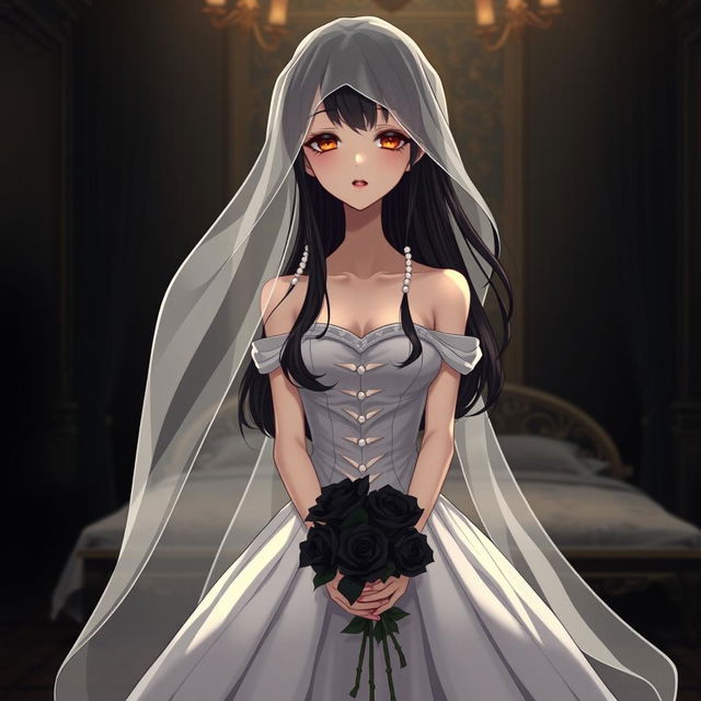 A slender tall young anime style woman with long flowing black hair, golden eyes, and bright red lips, wearing a foot-length white ball gown with an off-shoulder design and pearls floating in her hair beautifully