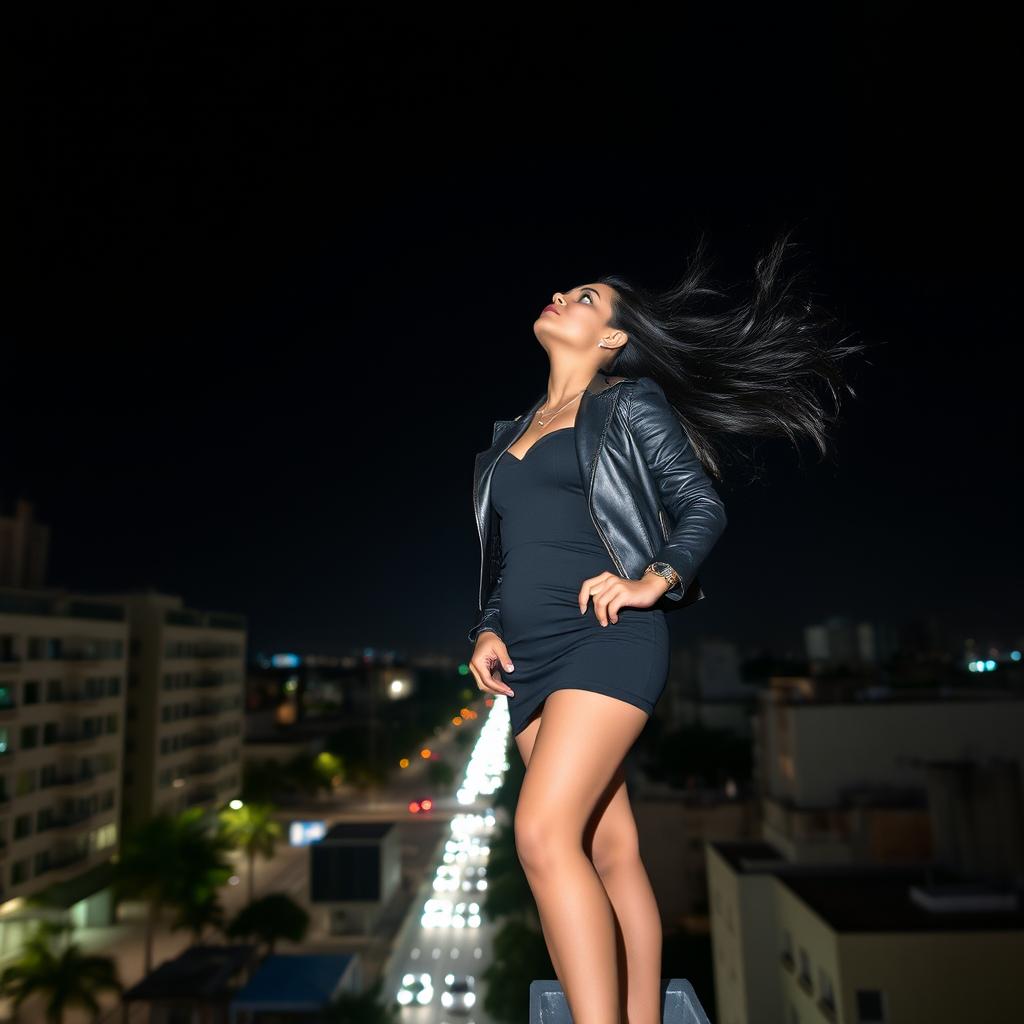 A woman, dressed in a short black dress and a black leather jacket, with black hair, standing on top of a building