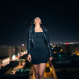 A woman, dressed in a short black dress and a black leather jacket, with black hair, standing on top of a building