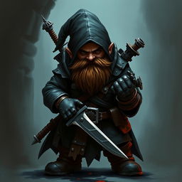 Create an image of a dwarf assassin who became a hitman for hire after falling into a lot of debt