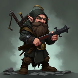 Create an image of a dwarf assassin who became a hitman for hire after falling into a lot of debt