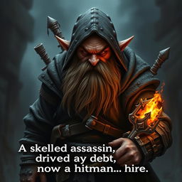 Create an image of a dwarf assassin who became a hitman for hire after falling into a lot of debt