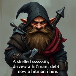 Create an image of a dwarf assassin who became a hitman for hire after falling into a lot of debt