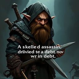 Create an image of a dwarf assassin who became a hitman for hire after falling into a lot of debt