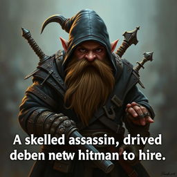 Create an image of a dwarf assassin who became a hitman for hire after falling into a lot of debt