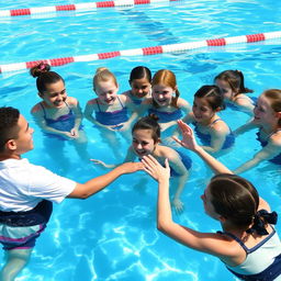 A group of high school students learning basic swimming skills in a pool