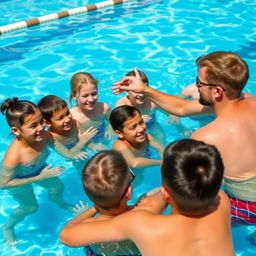 A group of high school students learning basic swimming skills in a pool