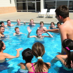 A group of high school students learning basic swimming skills in a pool