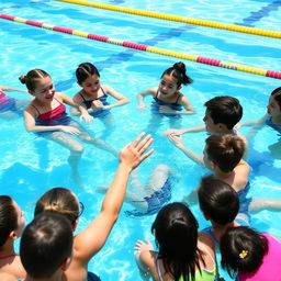 A group of high school students learning basic swimming skills in a pool