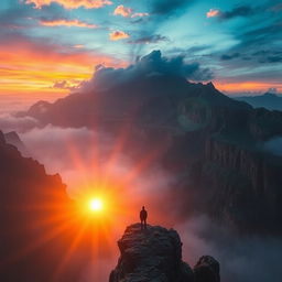 A powerful and unforgettable scene, featuring a majestic landscape with vibrant colors, a radiant sunset, and a lone figure standing on a cliff