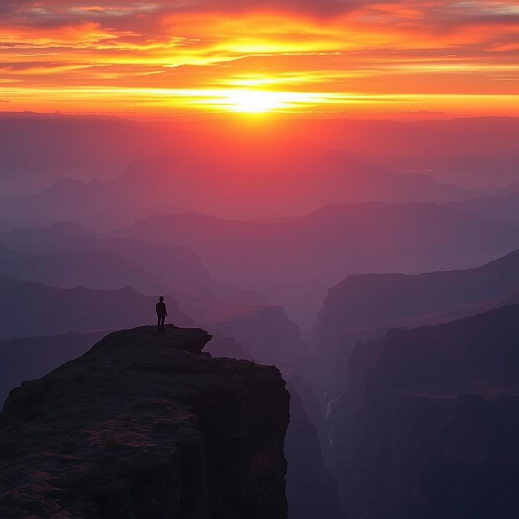 A powerful and unforgettable scene, featuring a majestic landscape with vibrant colors, a radiant sunset, and a lone figure standing on a cliff