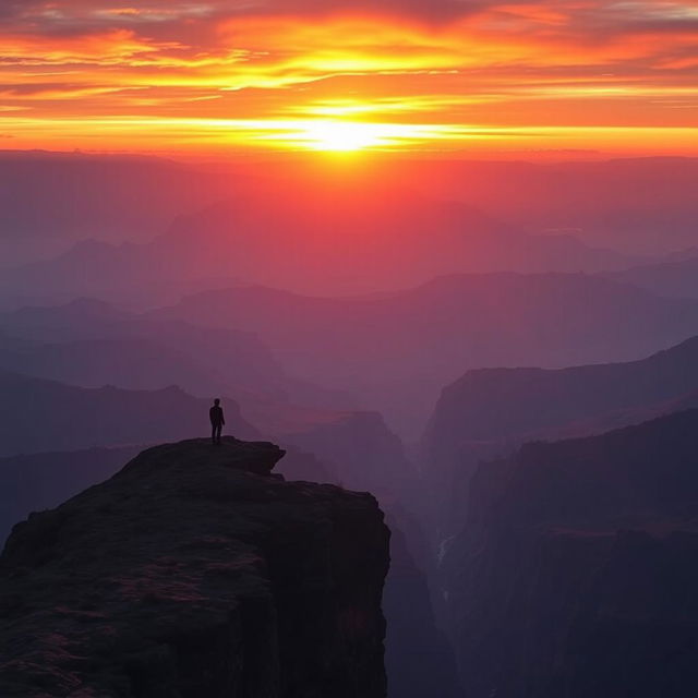 A powerful and unforgettable scene, featuring a majestic landscape with vibrant colors, a radiant sunset, and a lone figure standing on a cliff