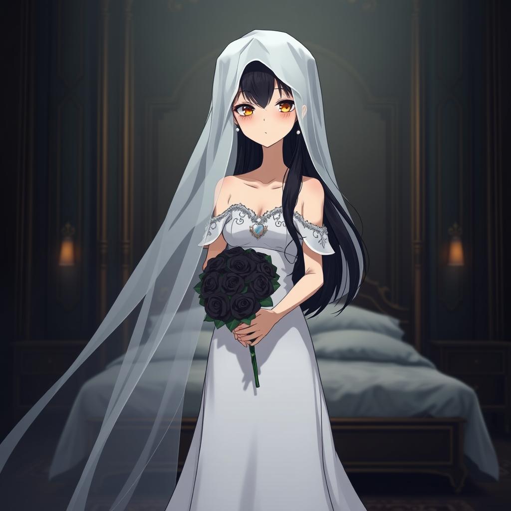 A slender tall young anime style woman with long flowing black hair, golden eyes, and bright red lips, wearing a long gorgeous foot-length white wedding gown with an off-shoulder design and pearls floating in her hair beautifully