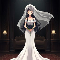 A slender tall young anime style woman with long flowing black hair, golden eyes, and bright red lips, wearing a long gorgeous foot-length white wedding gown with an off-shoulder design and pearls floating in her hair beautifully