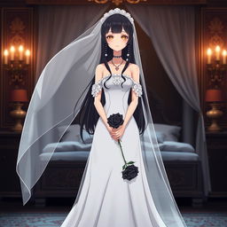 A slender tall young anime style woman with long flowing black hair, golden eyes, and bright red lips, wearing a long gorgeous foot-length white wedding gown with an off-shoulder design and pearls floating in her hair beautifully