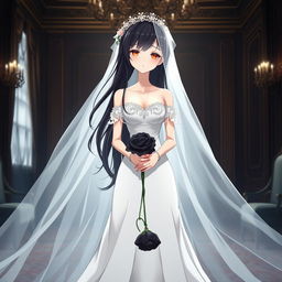 A slender tall young anime style woman with long flowing black hair, golden eyes, and bright red lips, wearing a long gorgeous foot-length white wedding gown with an off-shoulder design and pearls floating in her hair beautifully