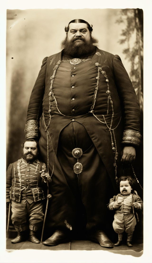 Sepia-toned 1800s family photograph featuring freak show performers including an incredibly fat man, a bearded lady, and a primordial dwarf.