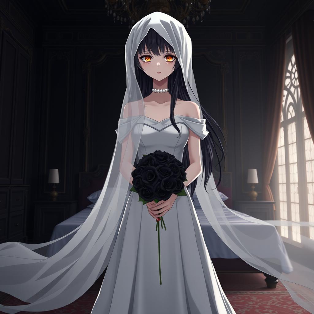 A mysterious slender tall young anime style woman with long flowing black hair, golden eyes, and bright red lips, wearing a long gorgeous foot-length white wedding gown with an off-shoulder design and pearls floating in her hair beautifully