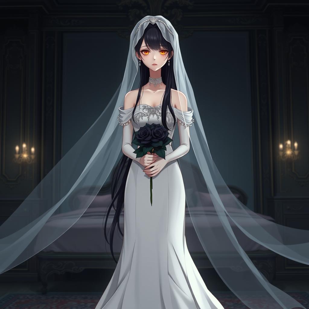 A mysterious slender tall young anime style woman with long flowing black hair, golden eyes, and bright red lips, wearing a long gorgeous foot-length white wedding gown with an off-shoulder design and pearls floating in her hair beautifully