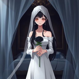 A mysterious slender tall young anime style woman with long flowing black hair, golden eyes, and bright red lips, wearing a long gorgeous foot-length white wedding gown with an off-shoulder design and pearls floating in her hair beautifully