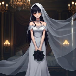 A mysterious slender tall young anime style woman with long flowing black hair, golden eyes, and bright red lips, wearing a long gorgeous foot-length white wedding gown with an off-shoulder design and pearls floating in her hair beautifully