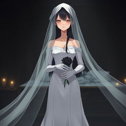 A mysterious slender tall young anime style woman with long flowing black hair, golden eyes, and bright red lips, wearing a long gorgeous foot-length white wedding gown with an off-shoulder design and luminous pearls floating in her hair beautifully