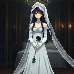 A mysterious slender tall young anime style woman with long flowing black hair, golden eyes, and bright red lips, wearing a long gorgeous foot-length white wedding gown with an off-shoulder design and luminous pearls floating in her hair beautifully