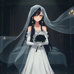 A mysterious slender tall young anime style woman with long flowing black hair, golden eyes, and bright red lips, wearing a long gorgeous foot-length white wedding gown with an off-shoulder design and luminous pearls floating in her hair beautifully