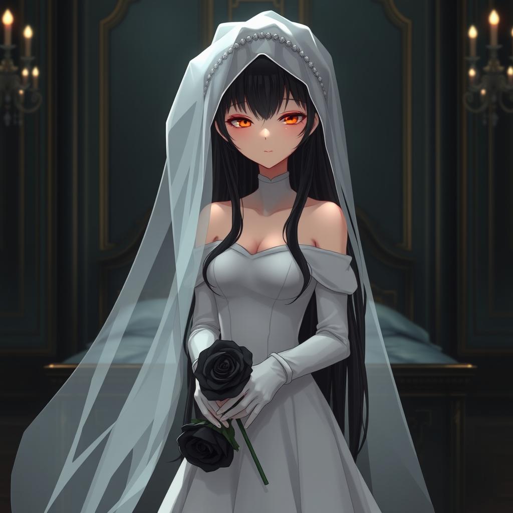 A mysterious slender tall young anime style woman with long flowing black hair, golden eyes, and bright red lips, wearing a long gorgeous foot-length white wedding gown with an off-shoulder design and luminous pearls floating in her hair beautifully