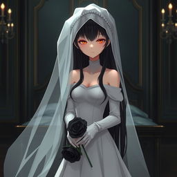 A mysterious slender tall young anime style woman with long flowing black hair, golden eyes, and bright red lips, wearing a long gorgeous foot-length white wedding gown with an off-shoulder design and luminous pearls floating in her hair beautifully